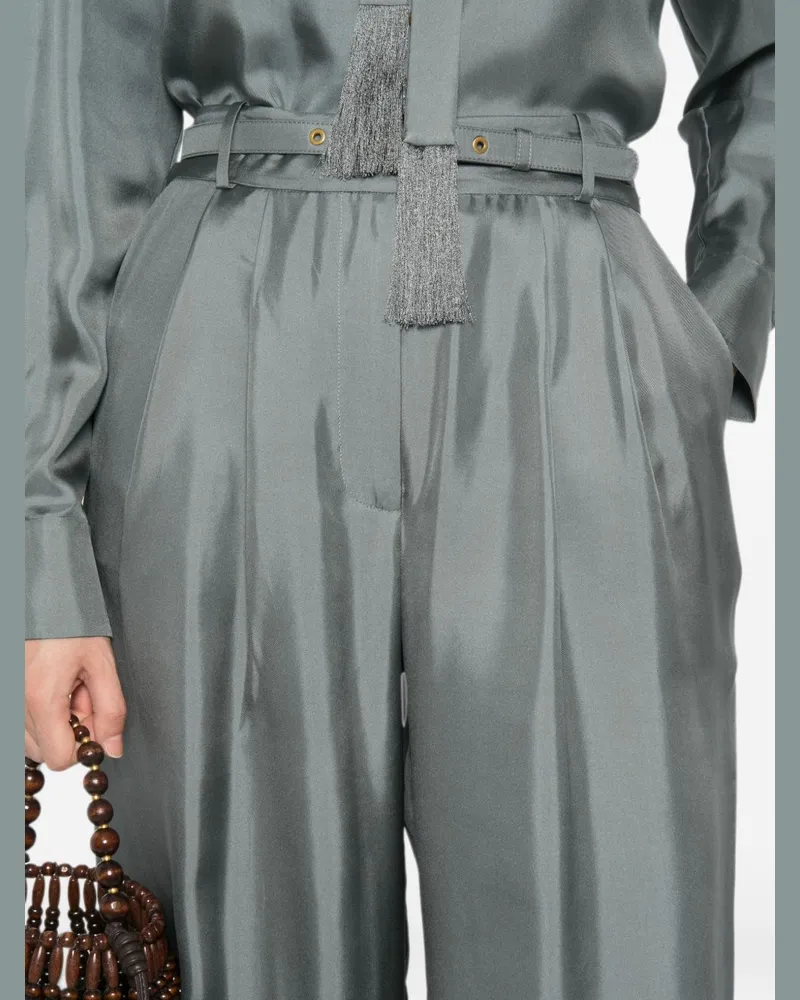 Zimmermann Pleated Wide-Leg Silk Trousers — Sage Sage