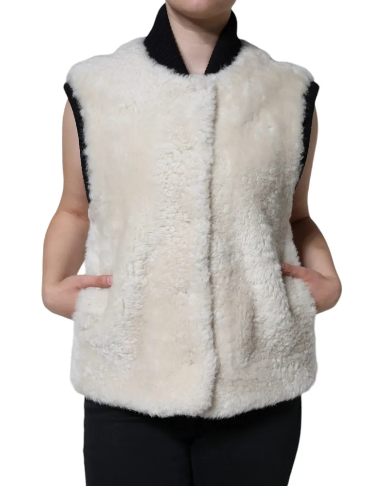 Burberry Women's White Warrenford Shearling Leather Vest Coat Jacket Sheep Clothing White