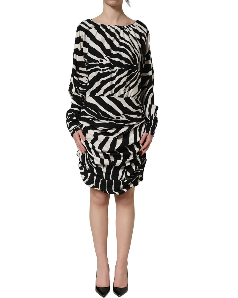 Dolce & Gabbana Women Black White Zebra Ruched Silk Mini Dress Elastane Black