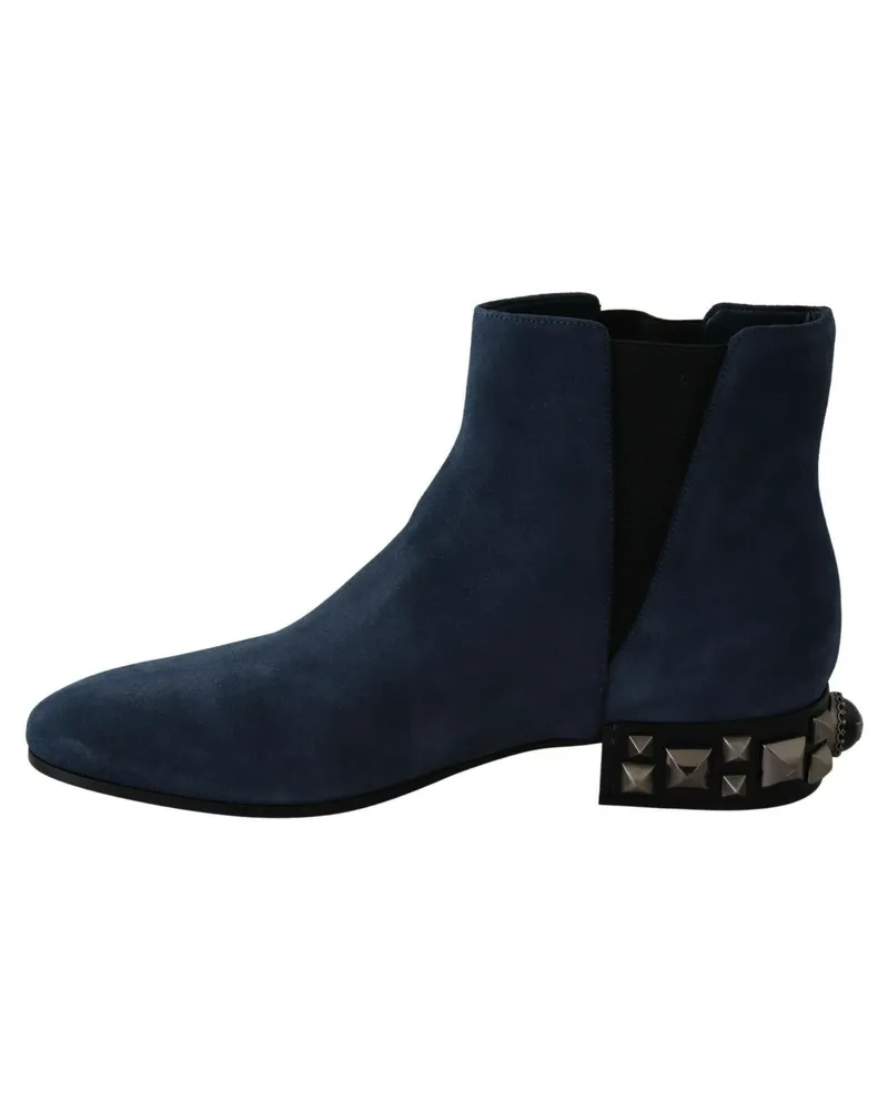Dolce & Gabbana Women's Blue Suede Embellished Studded Boots Shoes Navy