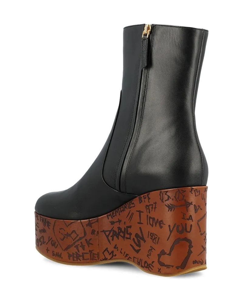 Chloé Graffiti-Print Calf Leather Ankle Boot — Black Black