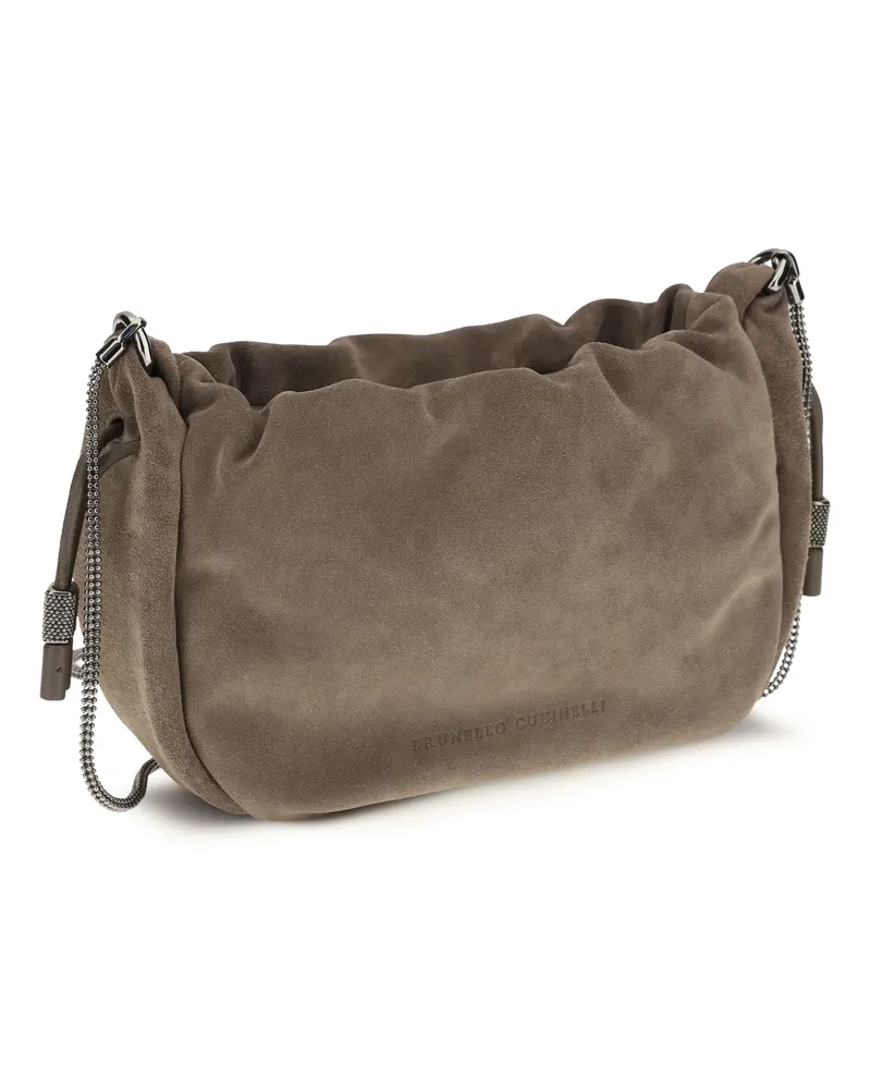 Brunello Cucinelli Women's Suede Shoulder Bag Taiga Calf Leather Bos Taurus Gray