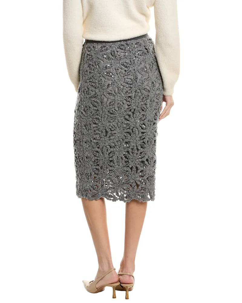 Brunello Cucinelli Floral Lace Pencil Skirt — Gray Gray