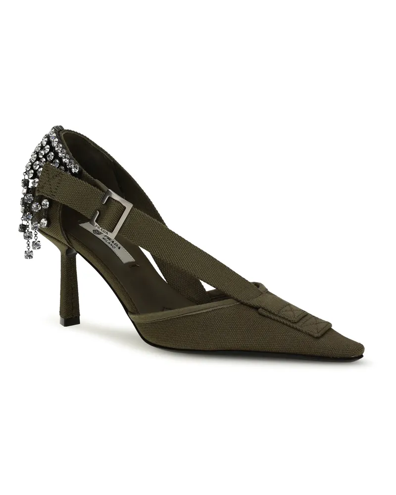 Prada Women's Canvas Pumps With Crystals Militare Cotton High Heel Shoes Green
