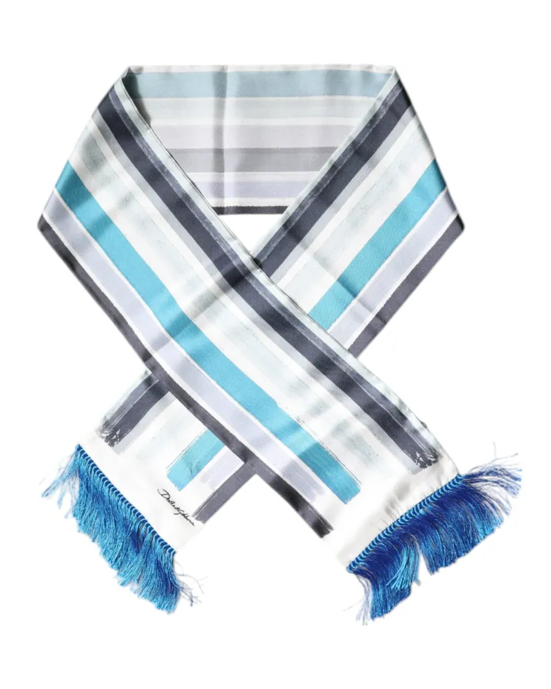 Dolce & Gabbana Men's White Blue Stripes Silk Fringes Wrap Scarf And Blue