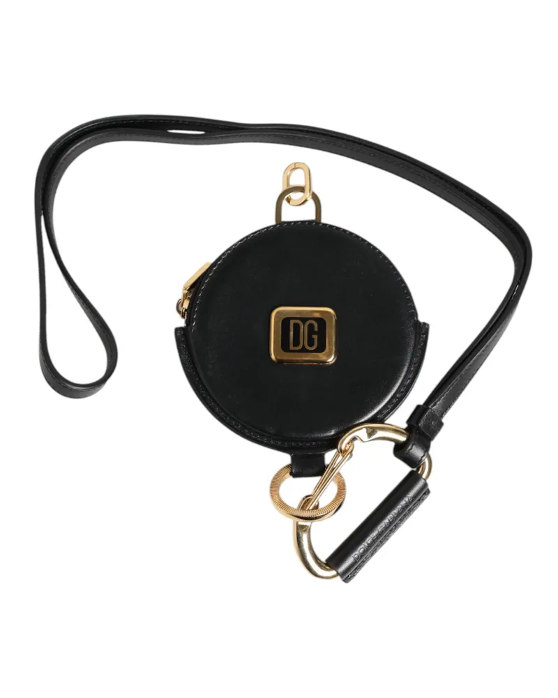 Dolce & Gabbana Men's Black Round Leather Dg Logo Coin Purse Lanyard Wallet Calf Black