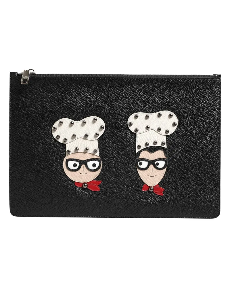 Dolce & Gabbana Black Leather #dgfamily Embellished Men Clutch Pouch Bag Accessory Black