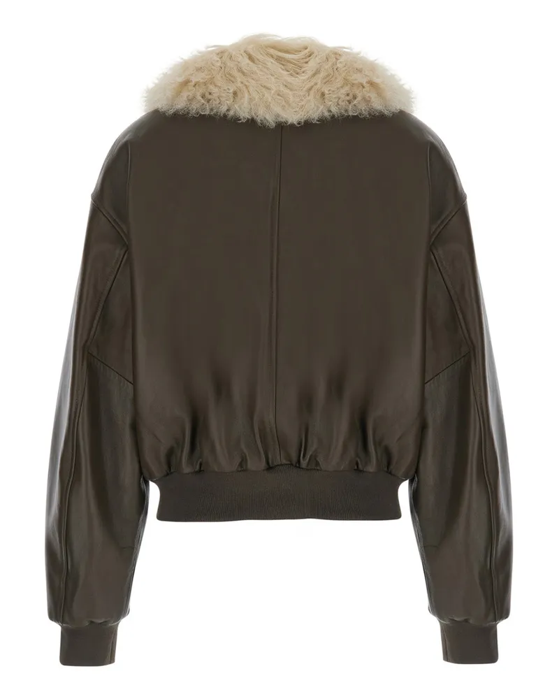 Mauro Grifoni Leather with Fur Collar Bomber Jacket — Green Green
