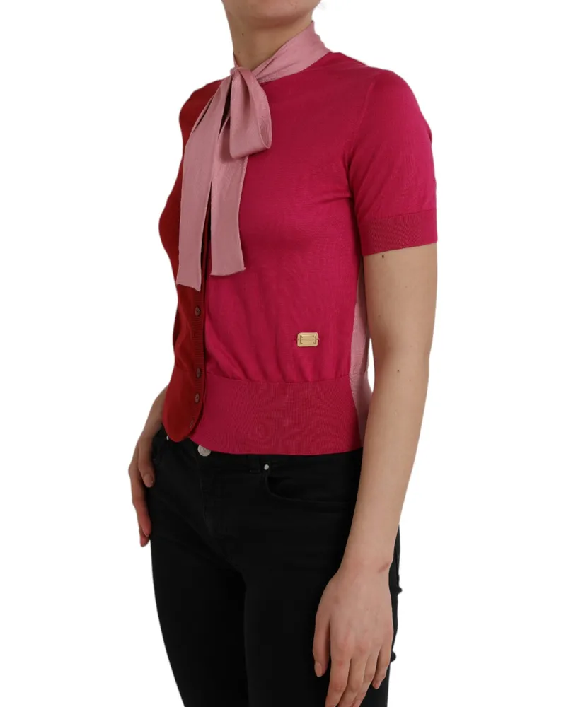 Dolce & Gabbana Women Pink Short Sleeves Pullover Ascot Collar Top Silk Red