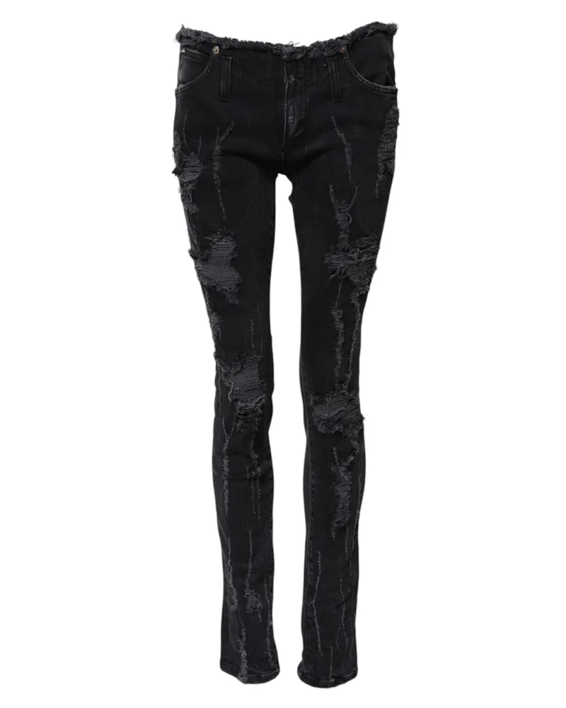 Dolce & Gabbana Women Black Cotton Tattered Skinny Denim Jeans Clothing Black