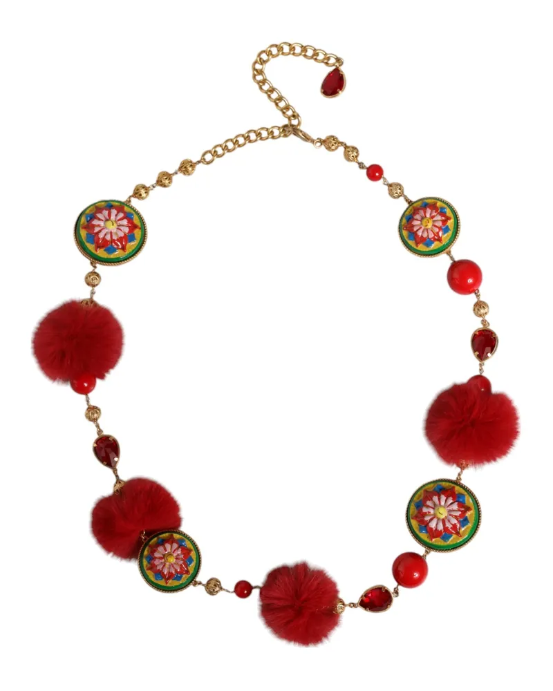 Dolce & Gabbana Women's Gold Brass Red Fur Crystal Waist Torero Belt Multicolor