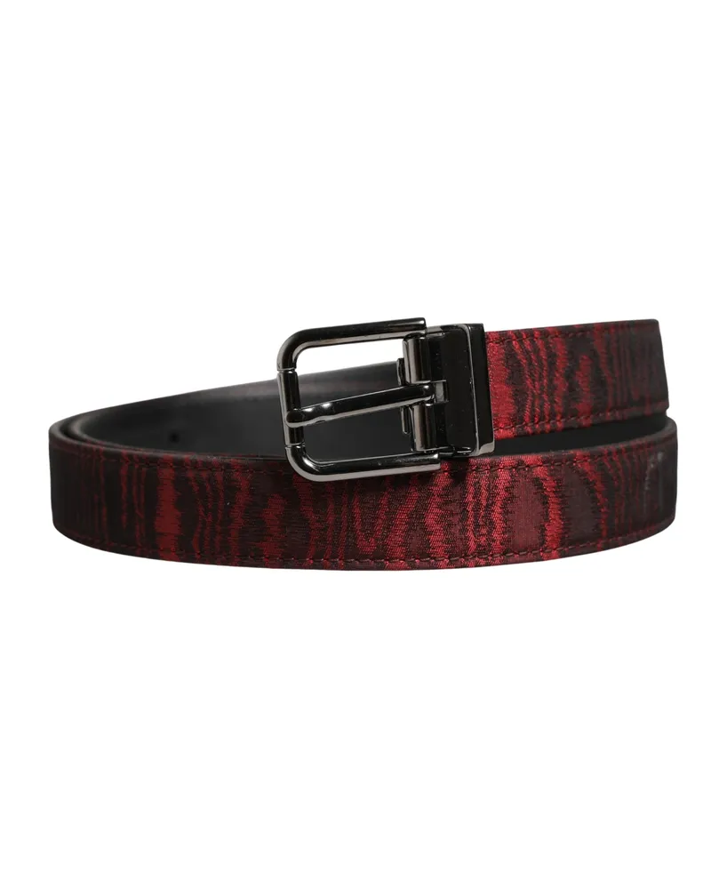 Dolce & Gabbana Men Red Jacquard Acetate Metal Buckle Belt Black And Polyester Calf Multicolor