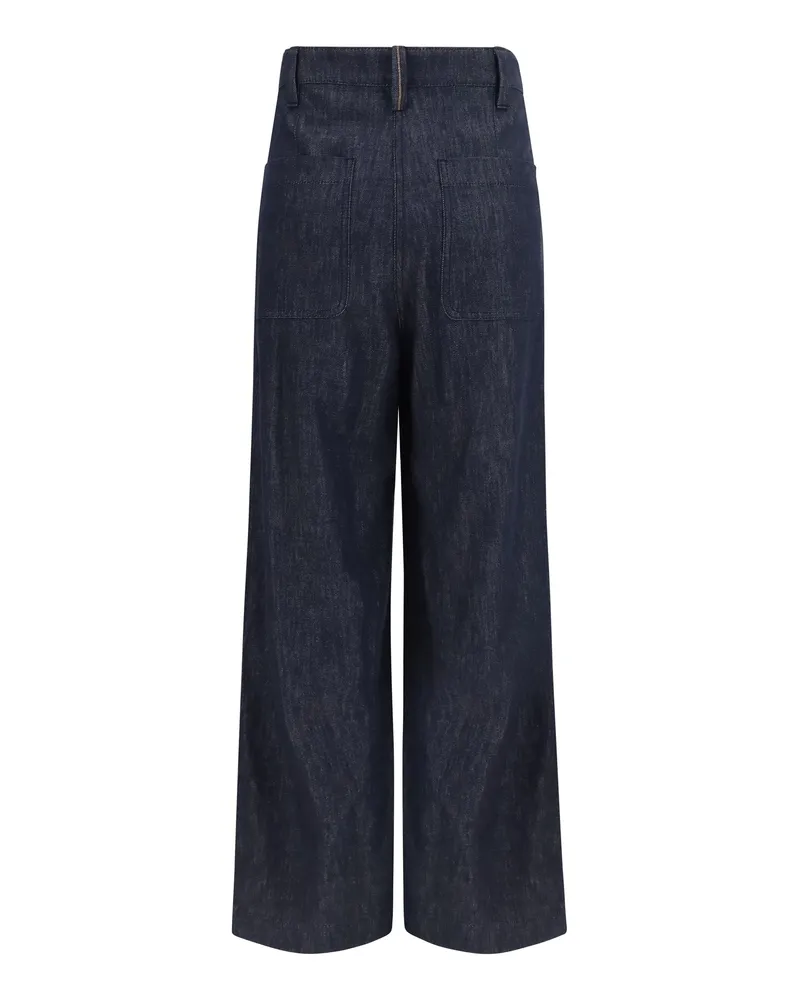 Brunello Cucinelli Women's Denim Effect Twill Wide Pants Blu Cotton Jean Blue