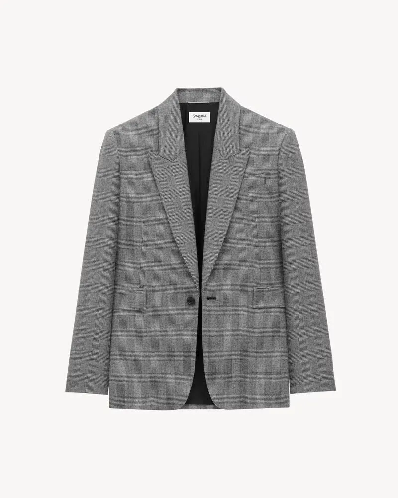 Saint Laurent Prince of Wales Wool Blazer — Grey Grey