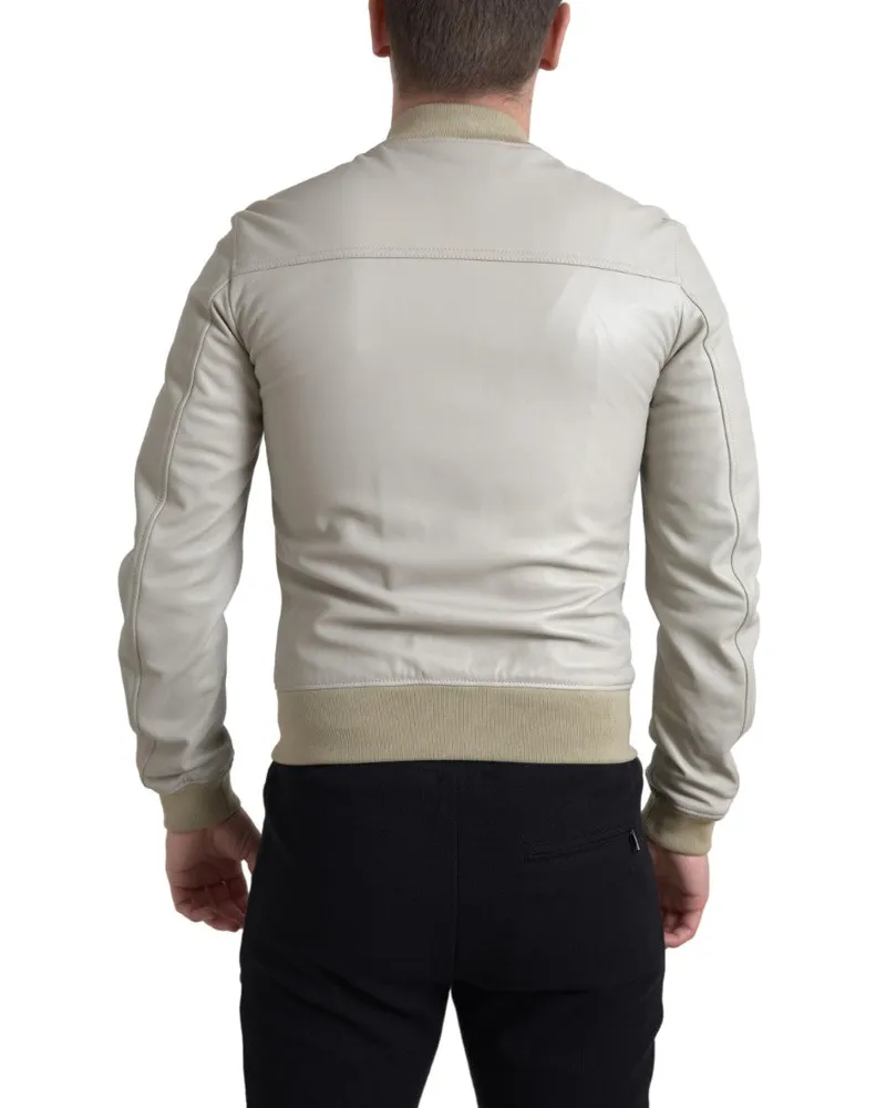 Dolce & Gabbana Men's Cream Leather Bomber Blouson Full Zip Jacket Clothing Cream