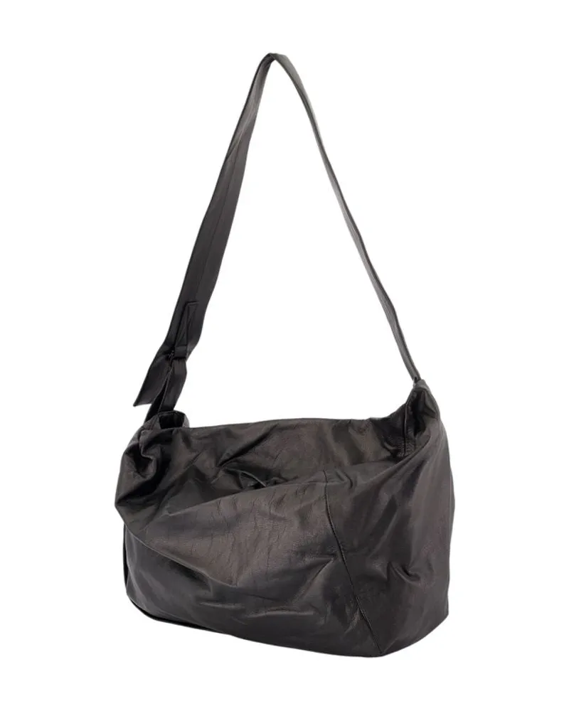 Yohji Yamamoto Unisex Puff M Shoulder Bag -  Leather Black Cowhide Shoulder-Hobo-Bags Black