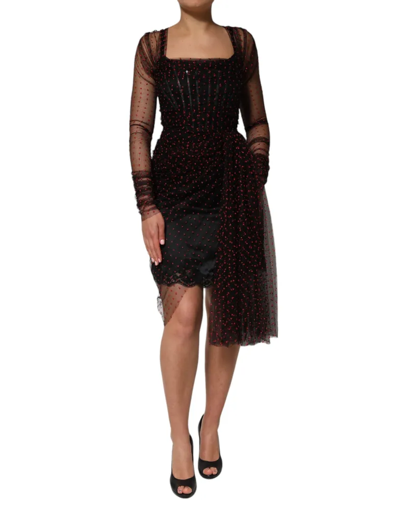 Dolce & Gabbana Women Black Lace Trim Long Sleeve Sheath Mini Dress Silk Black