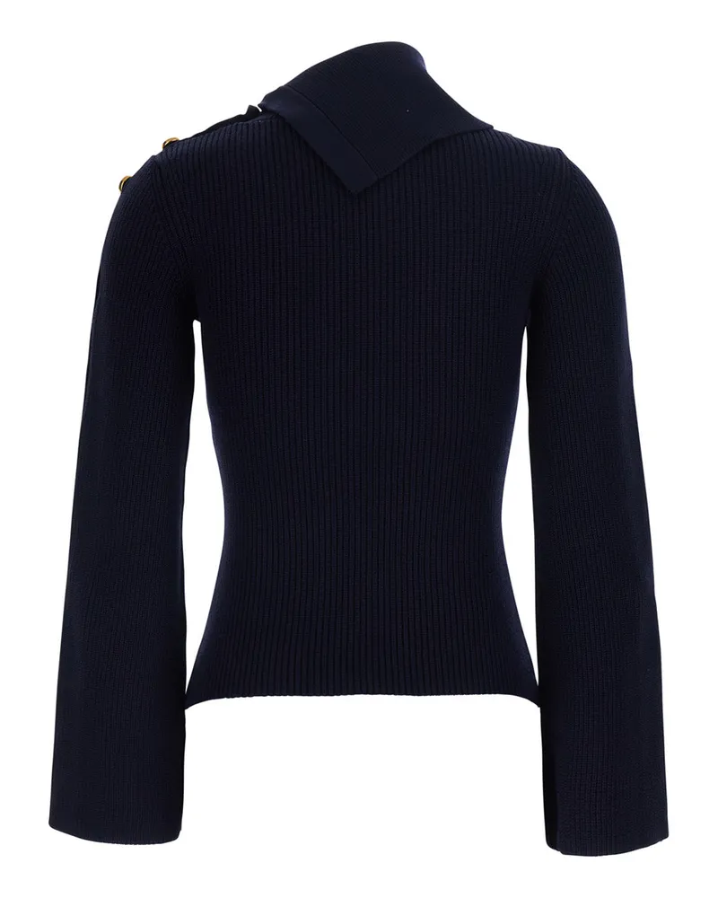 Elisabetta Franchi High-Collar Ribbed Knit Sweater — Navy Navy