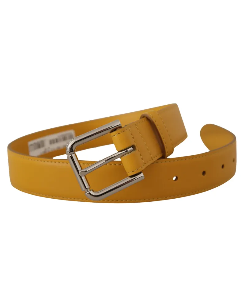 Dolce & Gabbana Women's Yellow Leather Silver Tone Logo Metal Buckle Belt Yellow