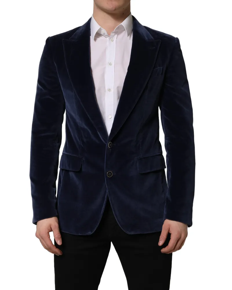 Dolce & Gabbana Men's Blue Velvet Single Breasted Blazer Jacket Cotton Silk Elastane Clothing Navy