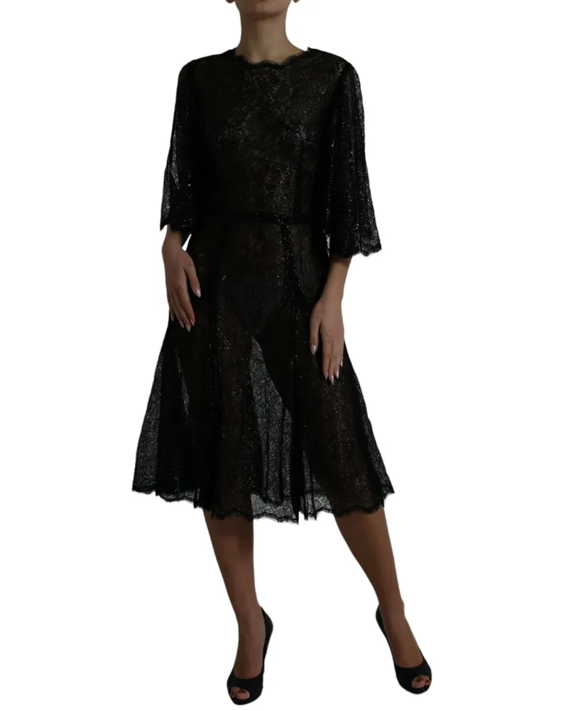 Dolce & Gabbana Women's Black Floral Lace Sheer A-Line Midi Dress Viscose Nylon Polyester Black