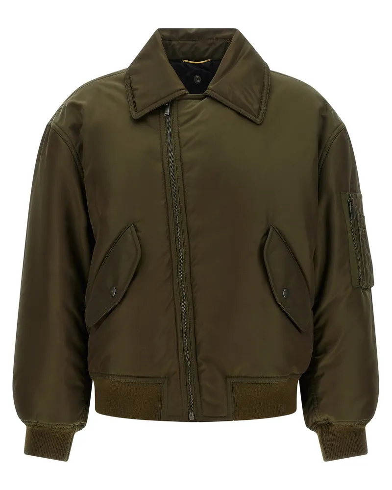 Saint Laurent Removable Shearling Collar Bomber Jacket — Olive Olive