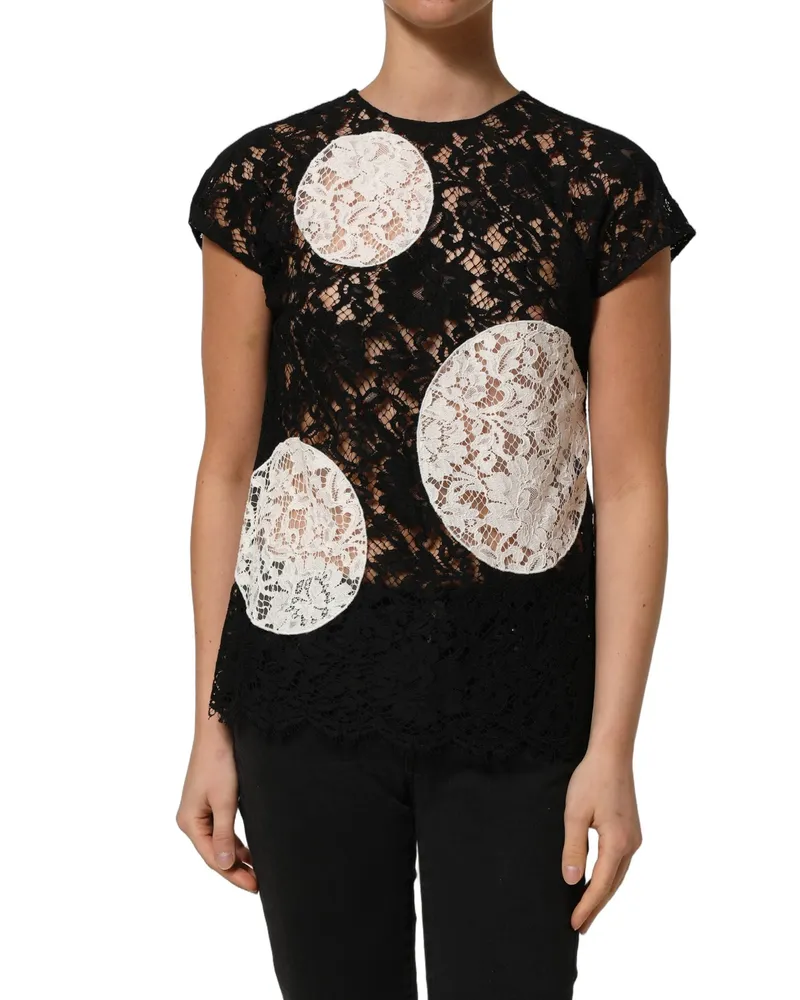 Dolce & Gabbana Women's Black White Floral Lace Short Sleeve Blouse Top Cotton Viscose Nylon Black