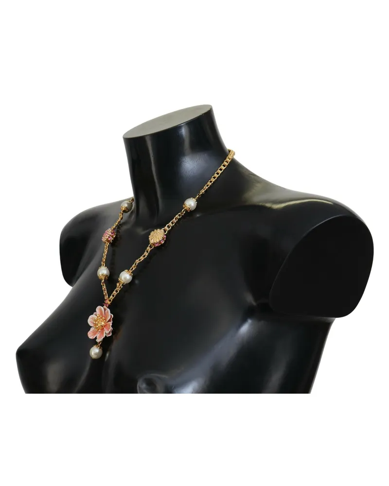 Dolce & Gabbana Women's Gold Tone Floral Crystals Pink Embellished Necklace And Brass Gold