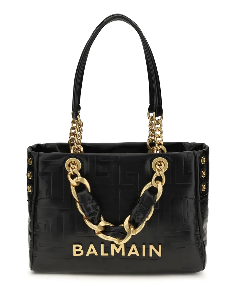 Balmain Women's Tote Bag Cabas 1945 Black Leather Calf Shoulder Black