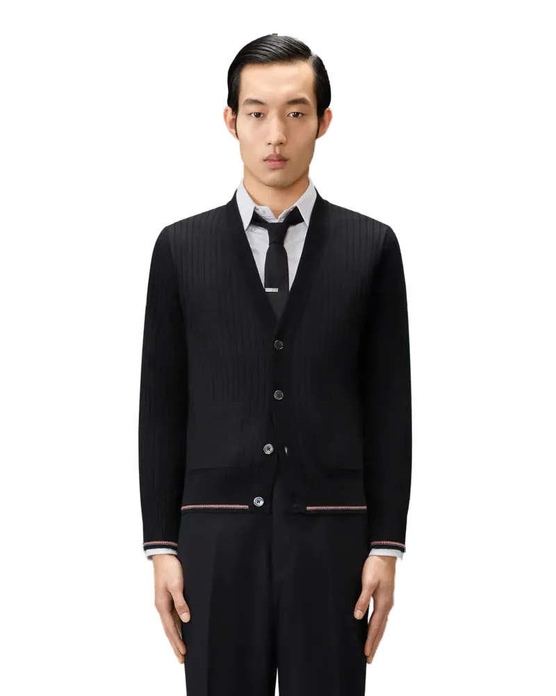 Thom Browne Men's V-Neck Cardigan Merino Wool Black Sweater Black