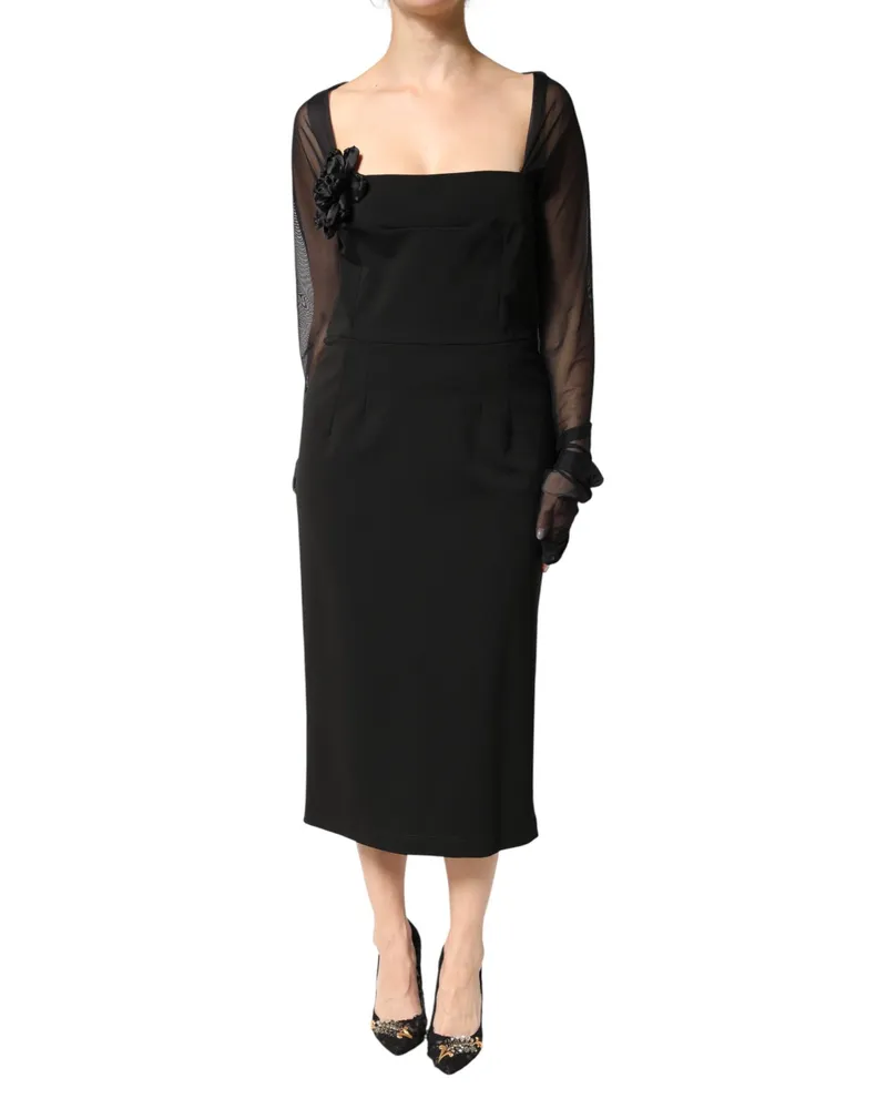 Dolce & Gabbana Women's Black Sheer Yoke Rosette Sheath Midi Dress 04+pa+vi Black