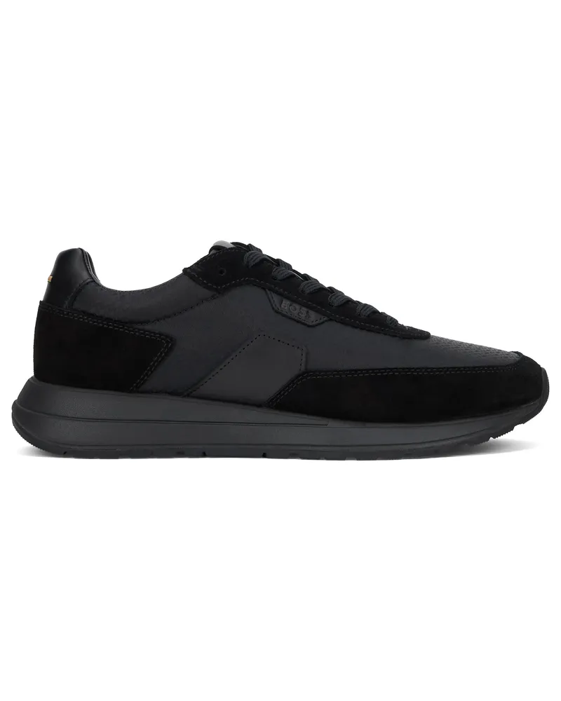 HUGO BOSS Men's Low-Top Leather And Fabric Sneakers Black Calfskin Trainers Black