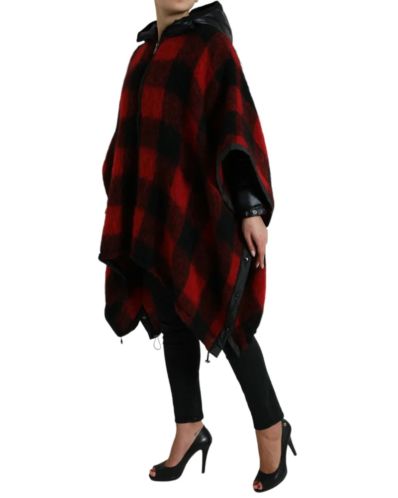 Dolce & Gabbana Women Black Red Buffalo Check Hooded Poncho Jacket And Clothing Red