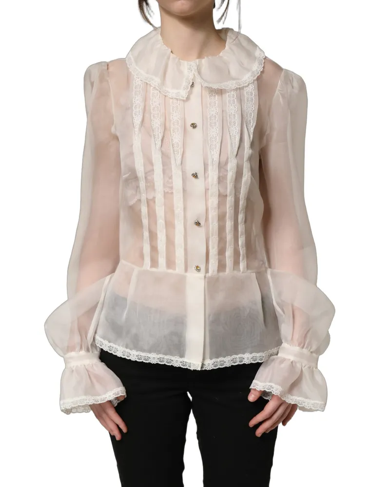 Dolce & Gabbana Women's White Ruffled Sheer Silk Buttoned Blouse Top Off Nylon White