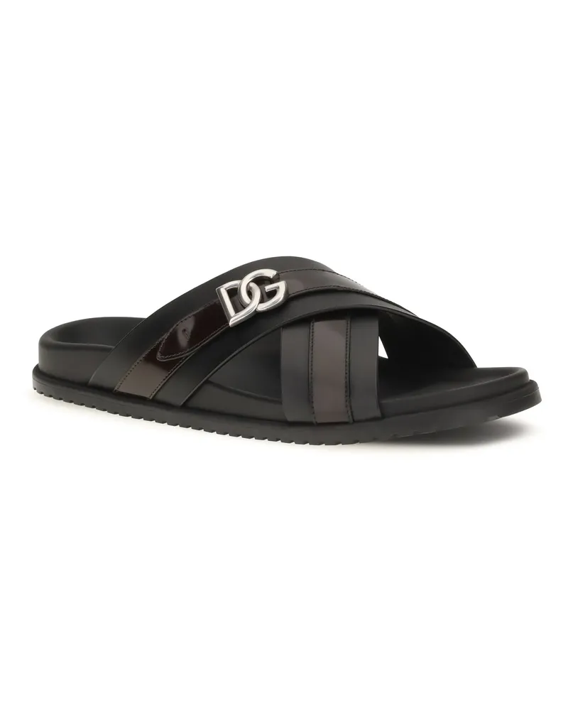 Dolce & Gabbana Calf Leather Crossover Slide Sandals — Black Nero