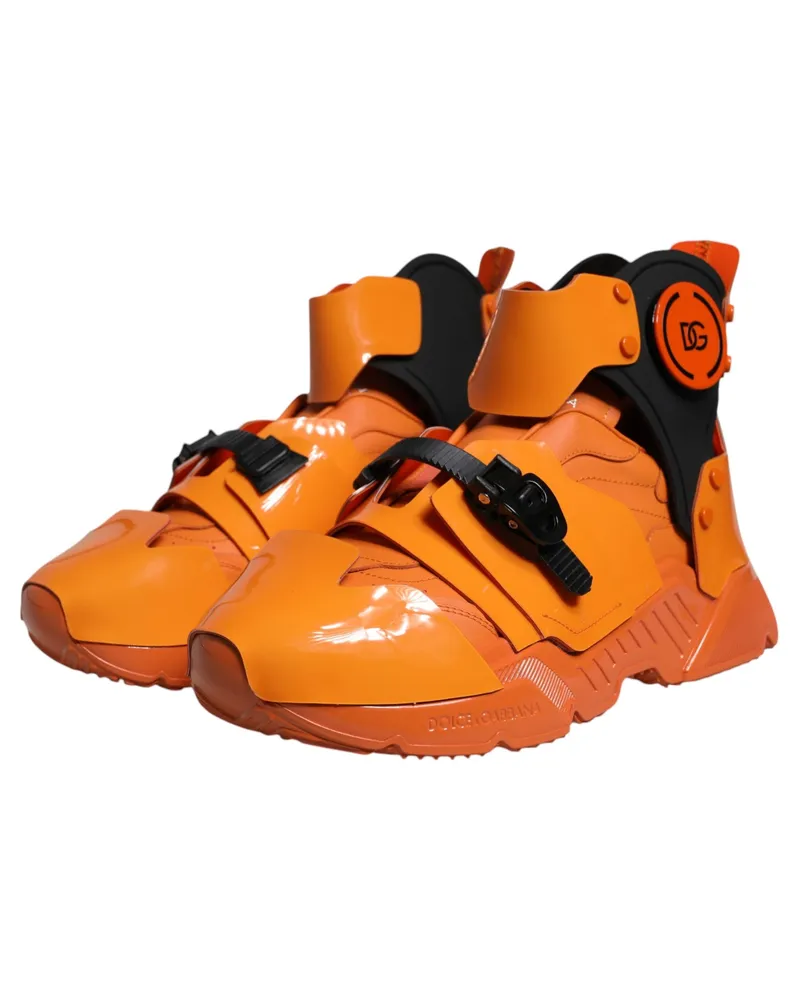 Dolce & Gabbana Men's Orange Multi Panel Chunky High Top Sneakers Shoes Pvc Calfskin Leather Orange