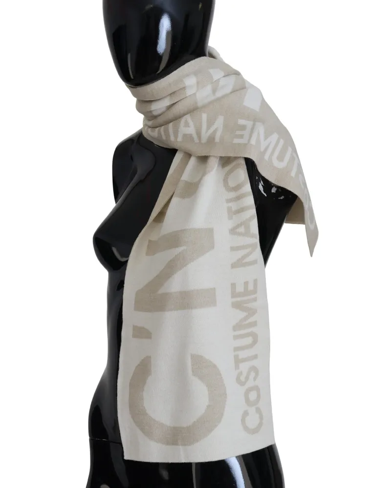 CoSTUME NATIONAL Women's Beige White Logo Wrap Warmer Shawl Scarf Acrylic Wool Beige