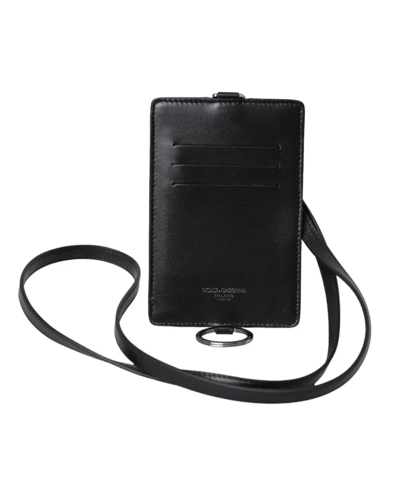 Dolce & Gabbana Black Calf Leather Lanyard Logo Card Holder Men Wallet Black