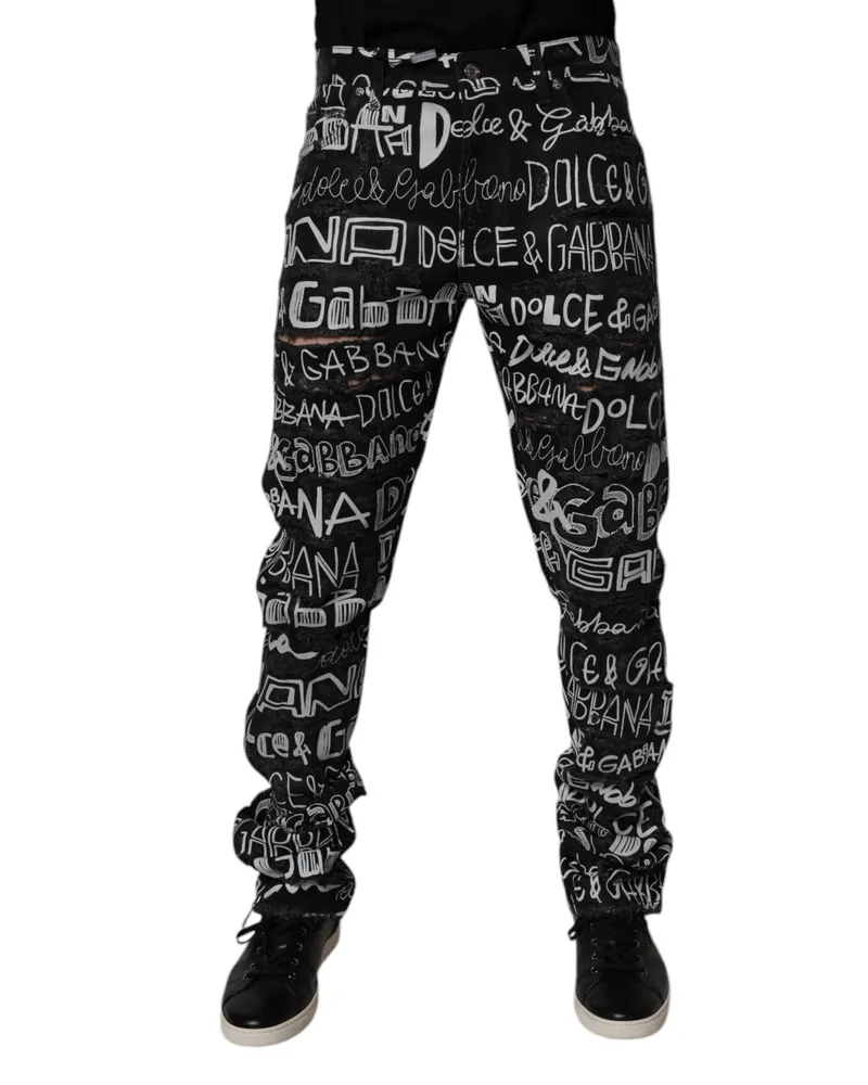 Dolce & Gabbana Men's Black Cotton Logo Print Straight Denim Jeans Clothing Black