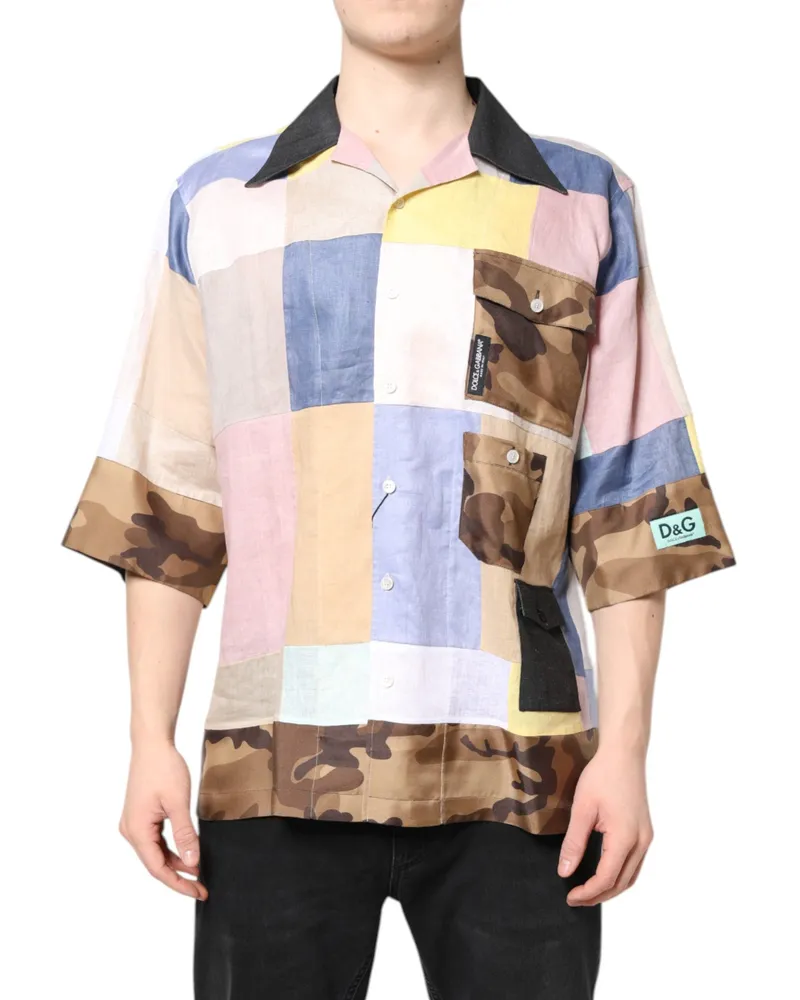 Dolce & Gabbana Men's Multicolor Patchwork Short Sleeve Shirt Flax Silk Ramie Virgin Wool Multicolor