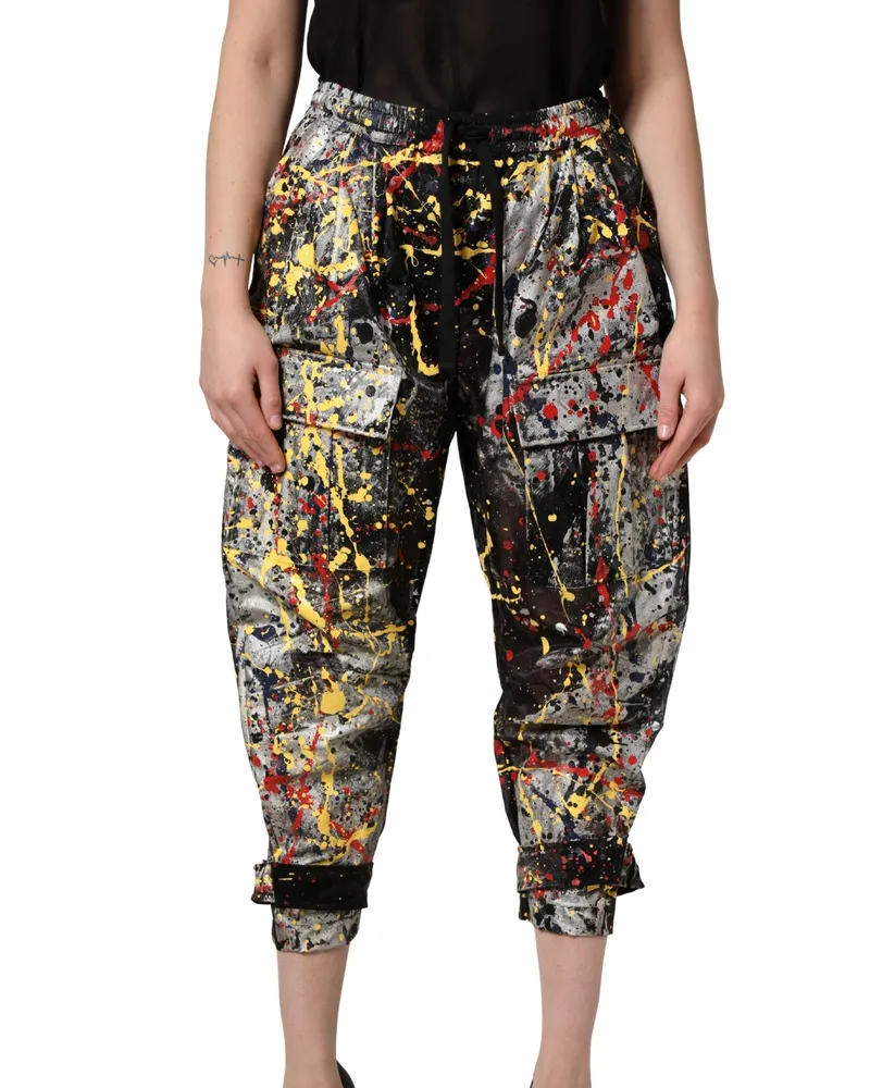 Dolce & Gabbana Women's Black Colorsplash Effect Cargo Cropped Pants Nylon Silk Elastane Black
