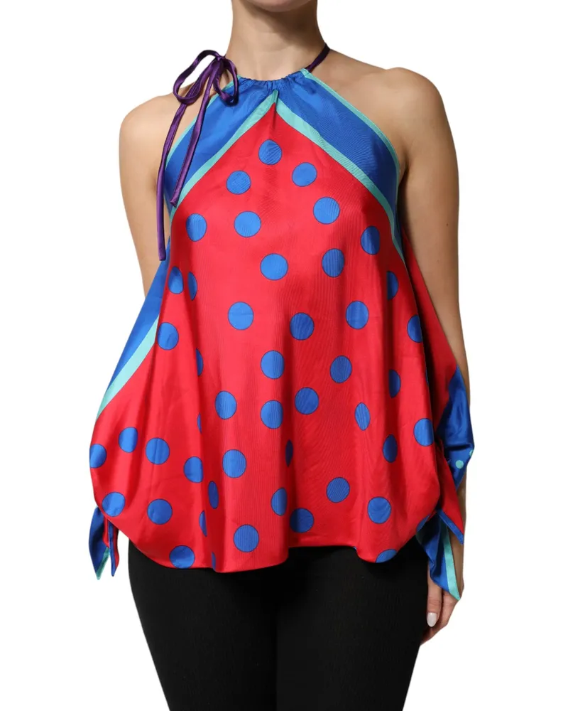 Dolce & Gabbana Women's Multicolor Polka Dot Tie Halter Blouse Top Silk Red