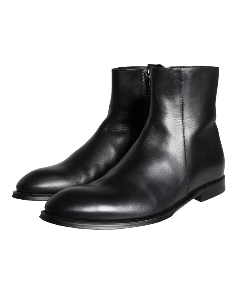 Dolce & Gabbana Black Calf Leather Men Ankle Boots Shoes Black