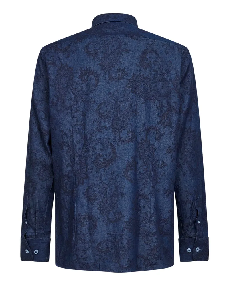 Etro Men's Blue Paisley Ramage-Pattern Denim Shirt Cotton Blue