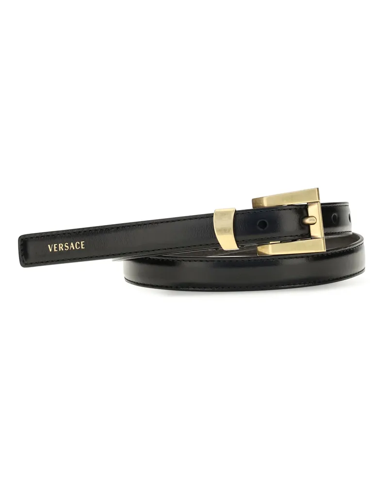 Versace Women's Glossy Leather Logo Print Belt Black-Gold Calf Black/gold Black