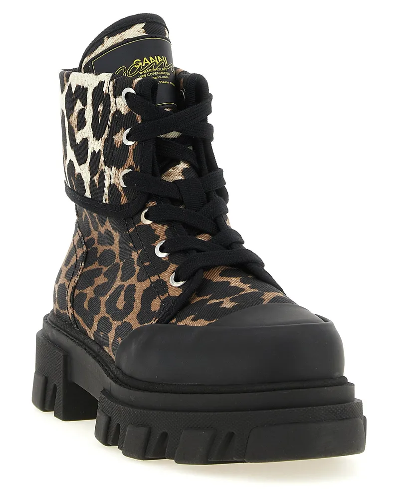 Ganni Leopard Print Cotton Denim Boot — Black Black
