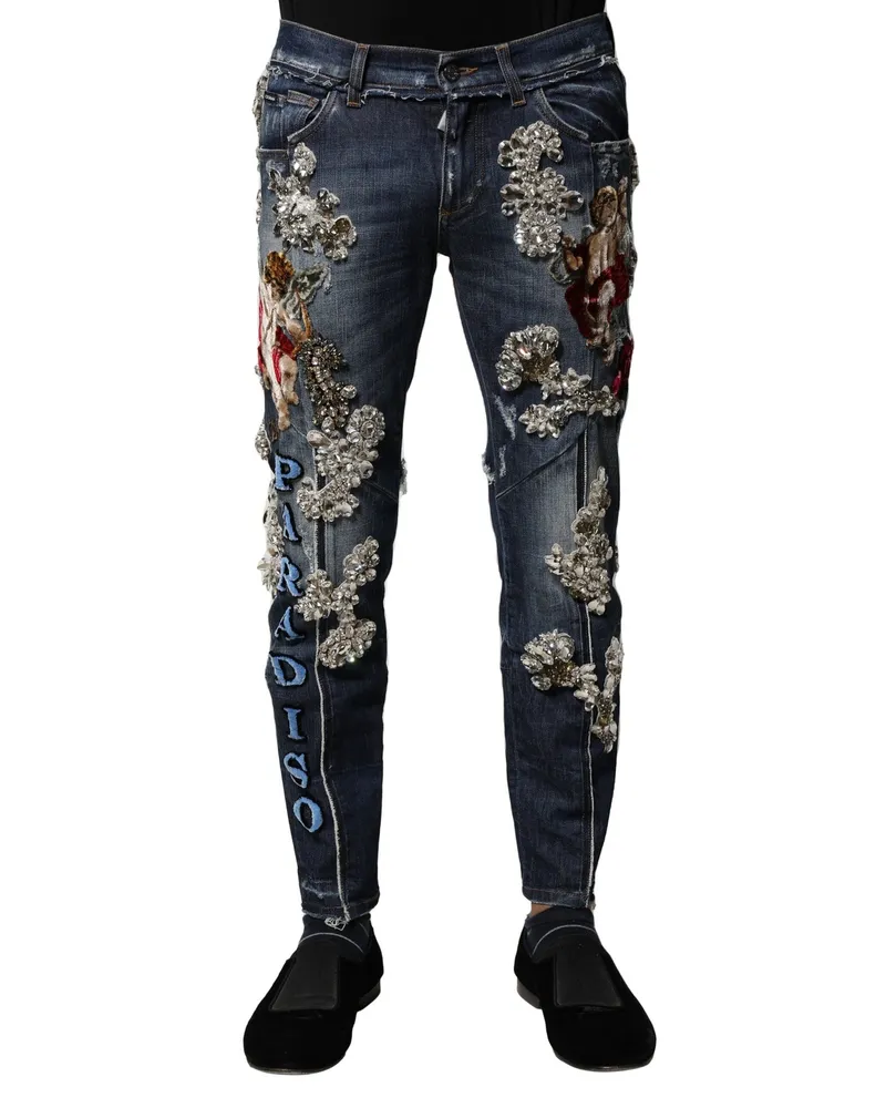 Dolce & Gabbana Men's Blue Cotton Rhinestone Embellish Denim Jeans Elastane Clothing Blue