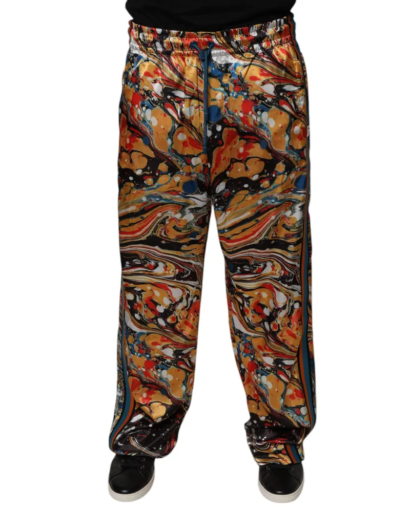 Dolce & Gabbana Multicolor Marble Satin Men Tracksuit Pants Polyester Elastane Multicolor
