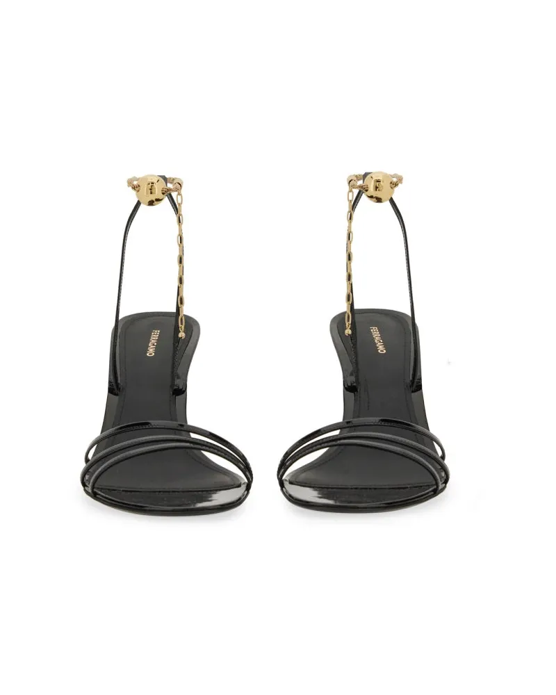 Ferragamo Chain-Accent Patent Calf Leather Sandal — Black Black