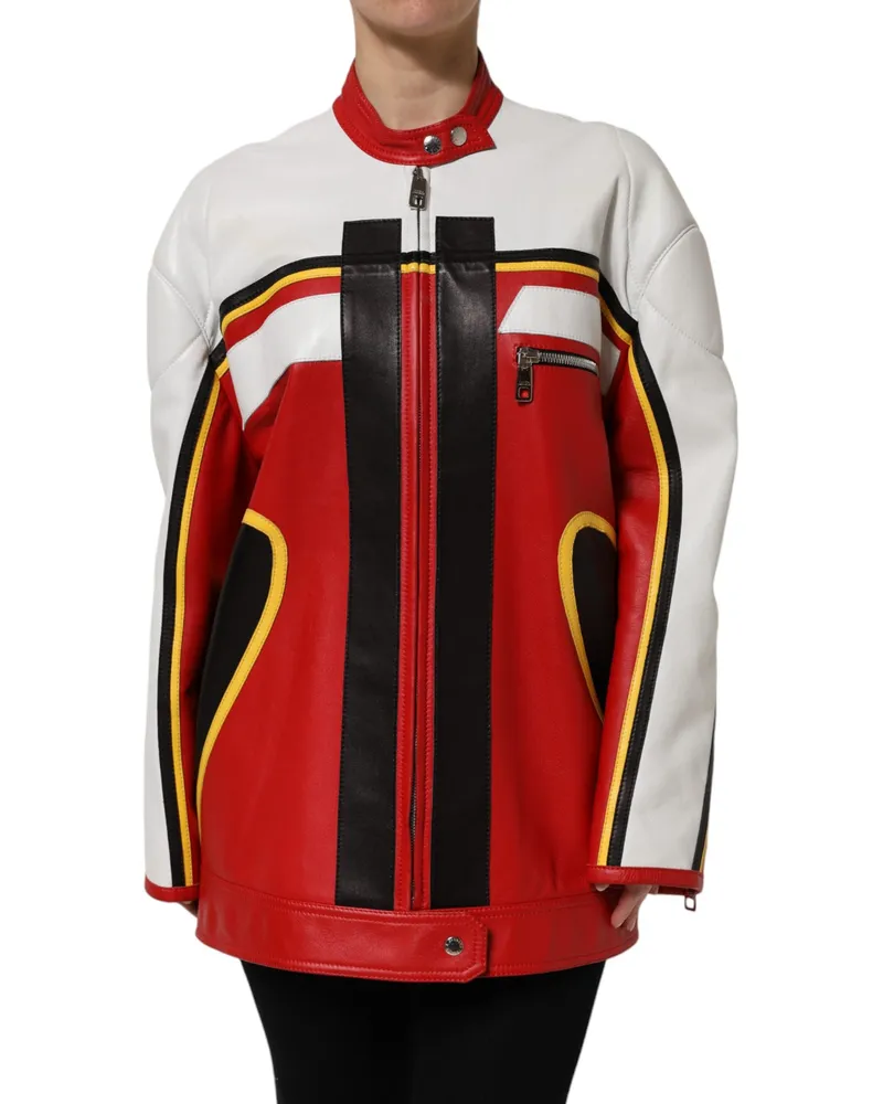Dolce & Gabbana Women Multicolor Leather Biker Full Zip Coat Jacket Lambskin Clothing Multicolor